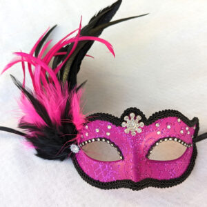 Hot pink and black masquerade mask with feathers